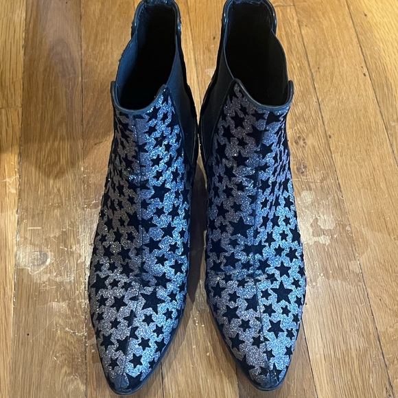 Saint Laurent Women Black Silver Glitter Suede Stars Ankle Cowboy Boot - Picture 2 of 11